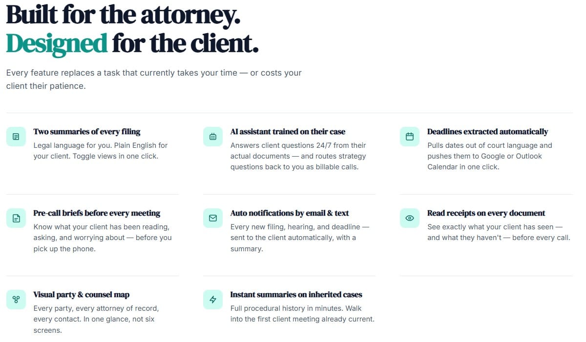 DocketBreeze has every feature the attorney and their client needs, and for a fraction of the price.