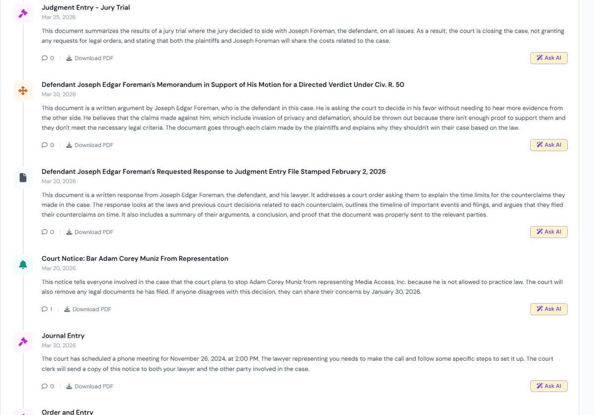 A screenshot of a legal case timeline within DocketBreeze.