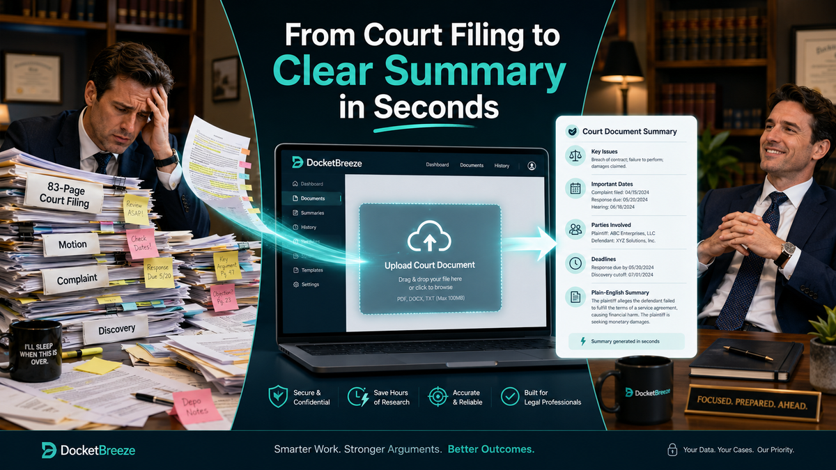 Upload a Court Document into DocketBreeze and seconds later it gives you a short summary.