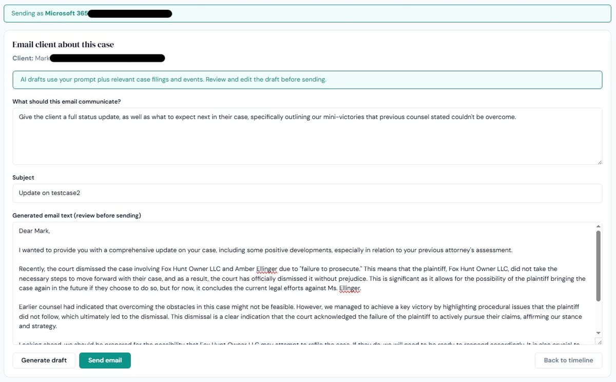 Sending a client a case specific email can be drafted and sent by DocketBreeze in seconds.