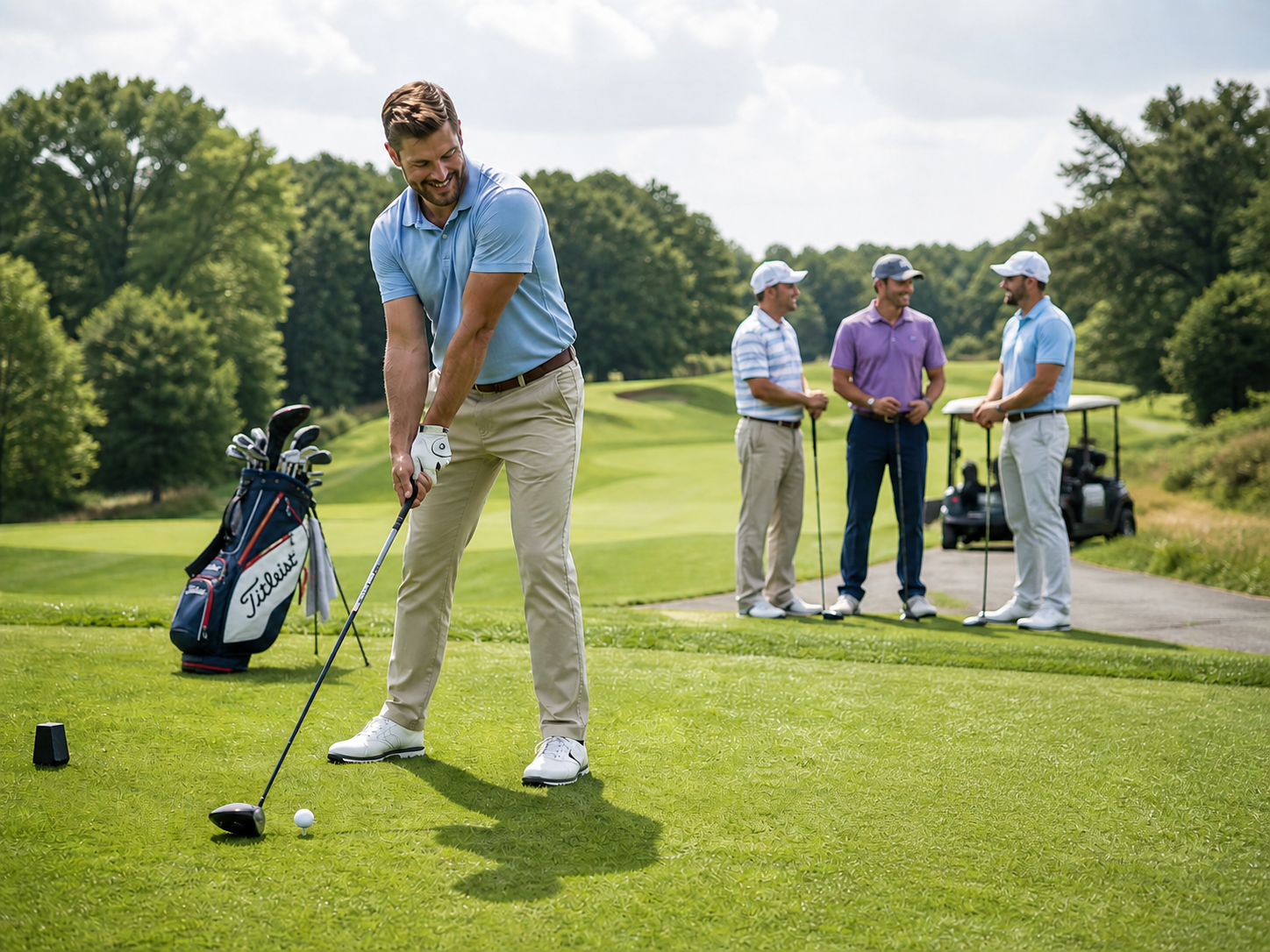 Lawyer on a golf vacation, relaxed knowing that his cases are being handled back at the office.