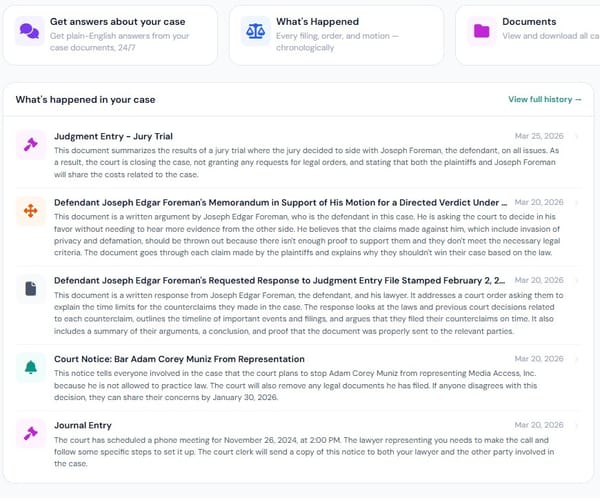 Every step in a case in the DocketBreeze platform is explained to your client in language they understand.