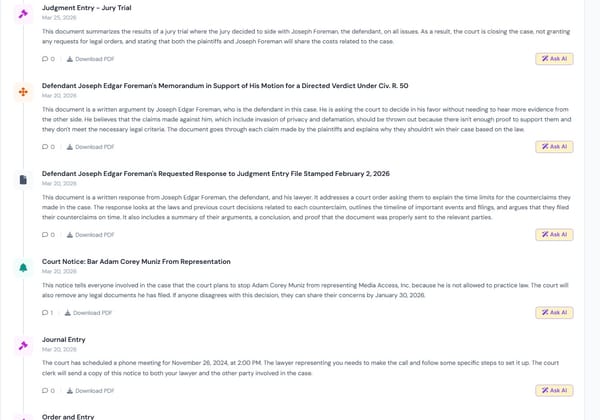 A screenshot of a legal case timeline within DocketBreeze.