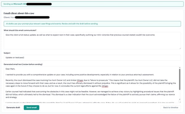 Sending a client a case specific email can be drafted and sent by DocketBreeze in seconds.