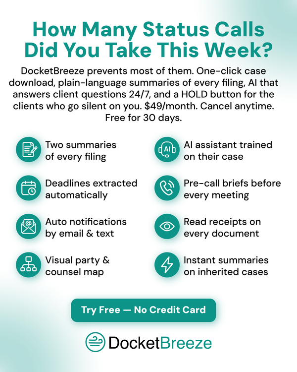DocketBreeze has more built-in features than any legal client software at this price.